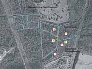 The location of mapped features, excavated embankments, and soil samples collected during study of Palmetto Commerce Parkway.